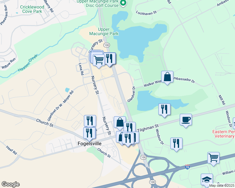 map of restaurants, bars, coffee shops, grocery stores, and more near 1625 Pennsylvania 100 in Fogelsville