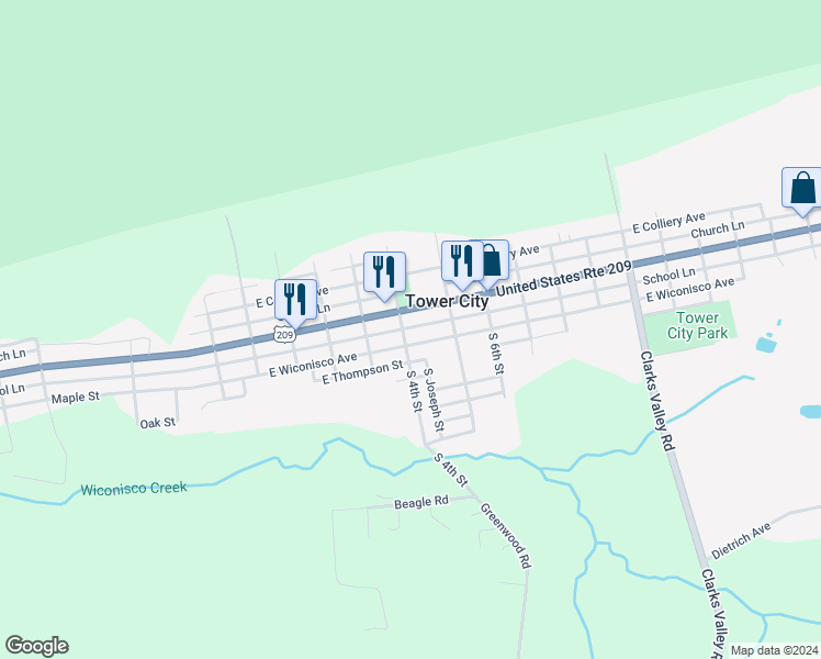 map of restaurants, bars, coffee shops, grocery stores, and more near 17 South 4th Street in Tower City