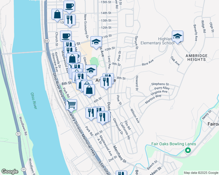 map of restaurants, bars, coffee shops, grocery stores, and more near in Ambridge