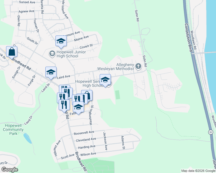 map of restaurants, bars, coffee shops, grocery stores, and more near 1215 Longvue Avenue in Aliquippa