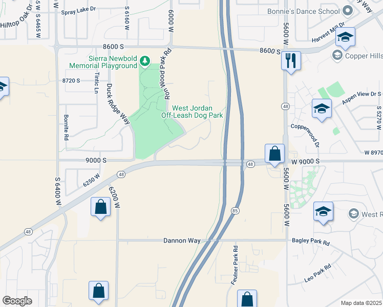 map of restaurants, bars, coffee shops, grocery stores, and more near 5899 Rivendell Drive in West Jordan