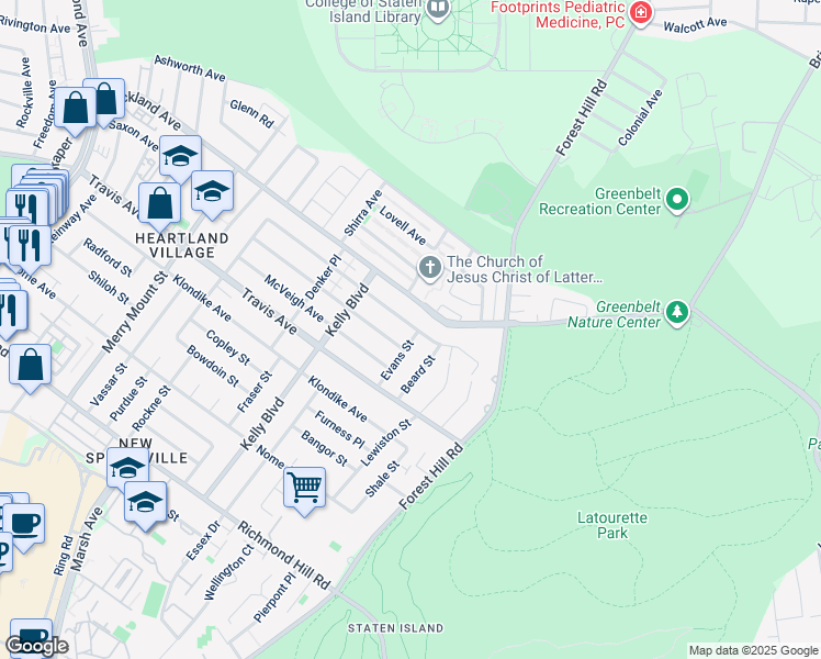 map of restaurants, bars, coffee shops, grocery stores, and more near 2 Evans Street in Staten Island