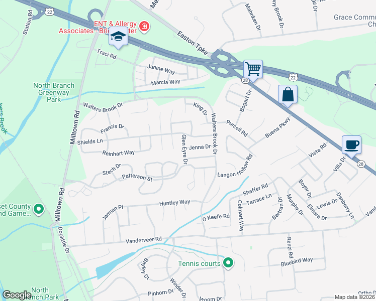 map of restaurants, bars, coffee shops, grocery stores, and more near 7 Glen Eyre Drive in Bridgewater Township
