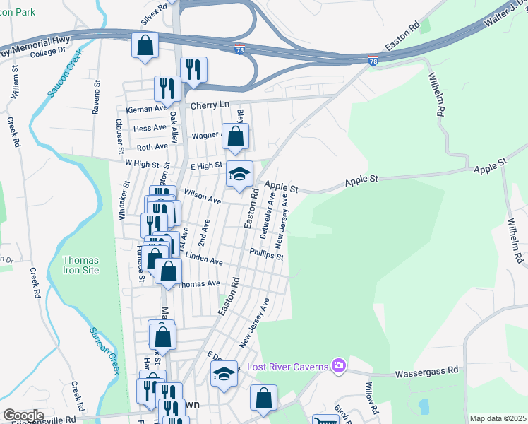 map of restaurants, bars, coffee shops, grocery stores, and more near 450 Wilson Avenue in Hellertown