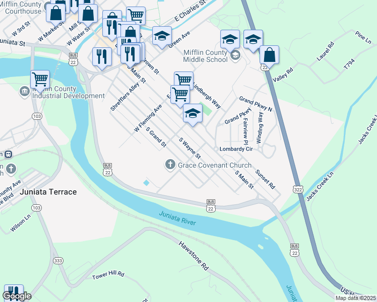 map of restaurants, bars, coffee shops, grocery stores, and more near 622 South Wayne Street in Lewistown