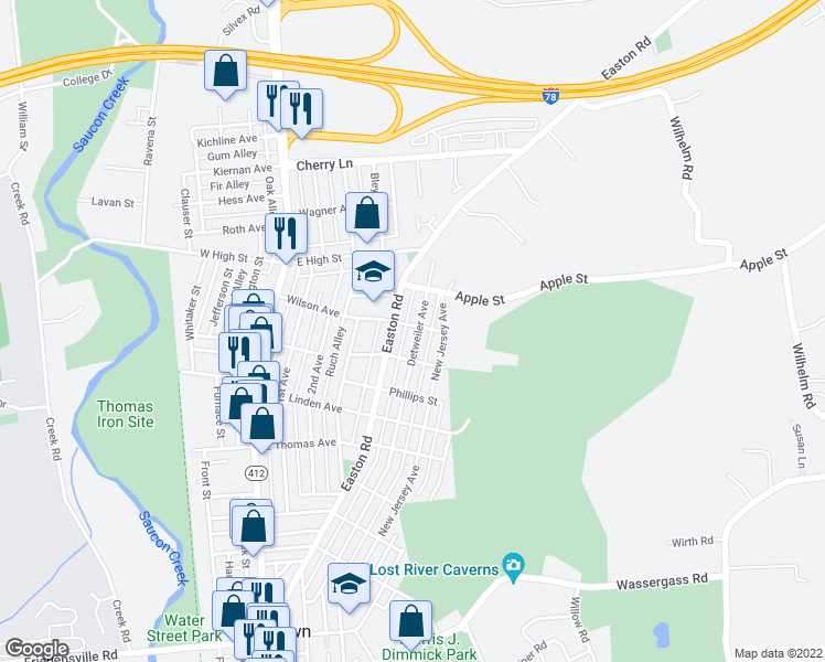 map of restaurants, bars, coffee shops, grocery stores, and more near 450 Wilson Avenue in Hellertown