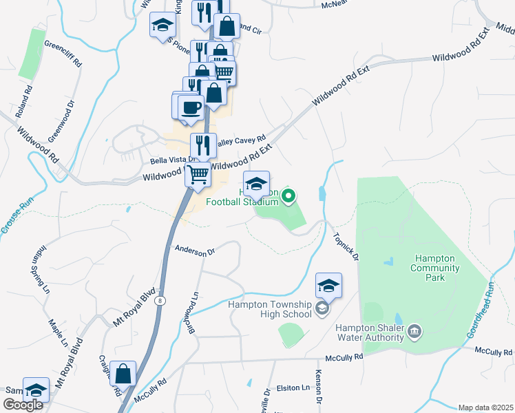 map of restaurants, bars, coffee shops, grocery stores, and more near 4589 School Drive in Hampton Township