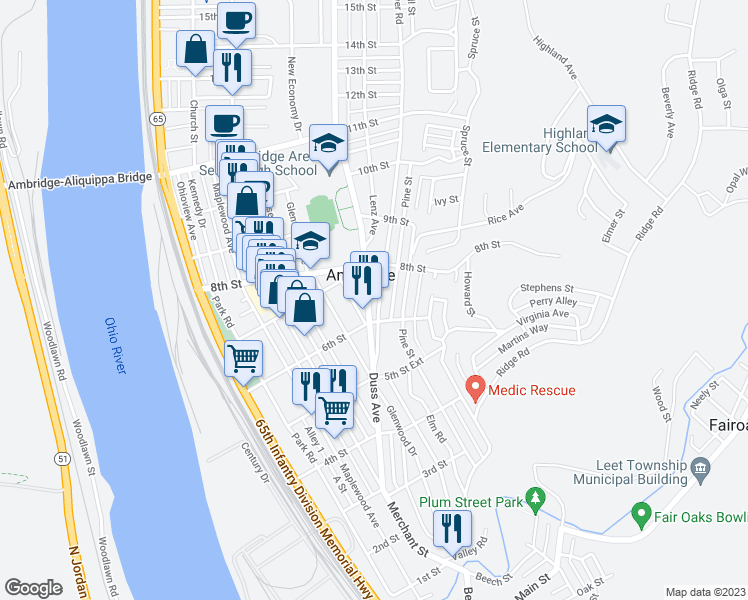 map of restaurants, bars, coffee shops, grocery stores, and more near 623 Beaver Road in Ambridge