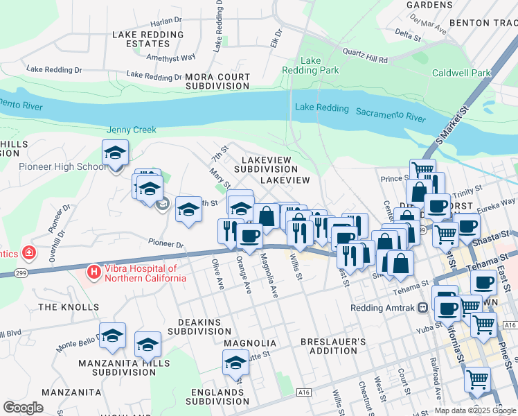 map of restaurants, bars, coffee shops, grocery stores, and more near 1945 9th Street in Redding