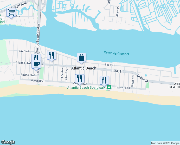 map of restaurants, bars, coffee shops, grocery stores, and more near 82 Kings Avenue in Atlantic Beach
