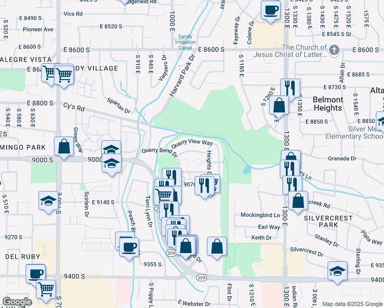 map of restaurants, bars, coffee shops, grocery stores, and more near 1064 Quarry Park Drive in Sandy