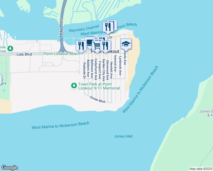 map of restaurants, bars, coffee shops, grocery stores, and more near 109 Garden City Avenue in Point Lookout