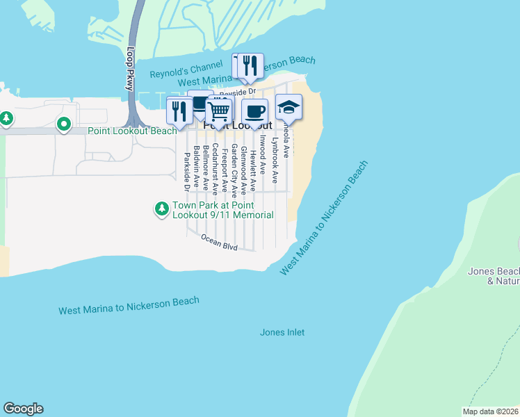 map of restaurants, bars, coffee shops, grocery stores, and more near 109 Inwood Avenue in Point Lookout