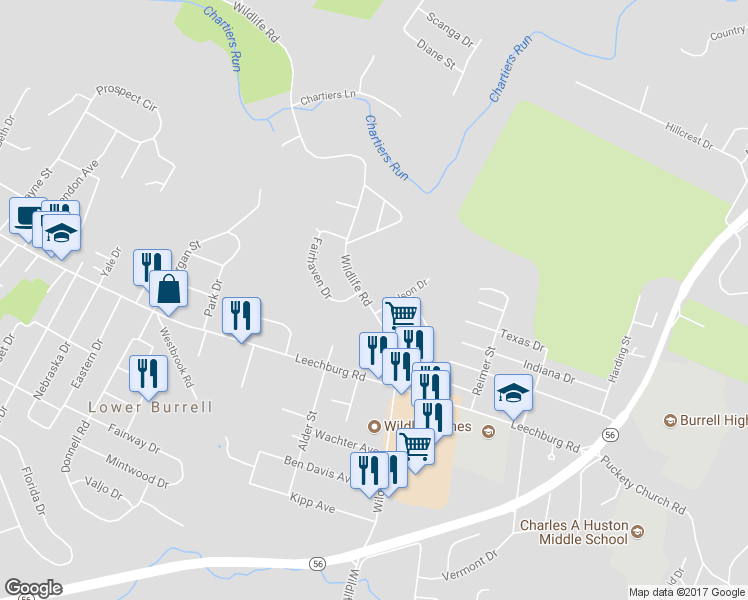 map of restaurants, bars, coffee shops, grocery stores, and more near 945 Wildlife Lodge Road in New Kensington
