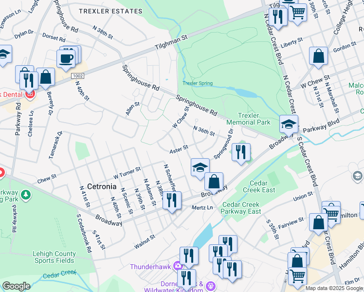 map of restaurants, bars, coffee shops, grocery stores, and more near 206 Spring Wood Drive in Allentown