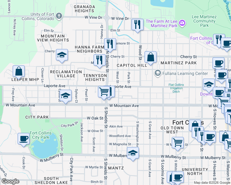 map of restaurants, bars, coffee shops, grocery stores, and more near 131 North Mack Street in Fort Collins