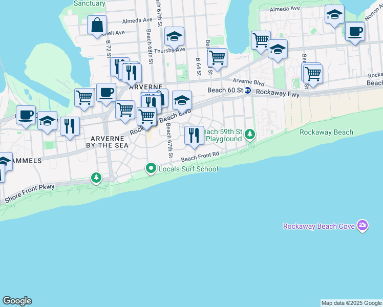map of restaurants, bars, coffee shops, grocery stores, and more near 112 Beach Way in Queens
