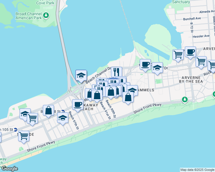 map of restaurants, bars, coffee shops, grocery stores, and more near 305A Beach 88th Street in Queens