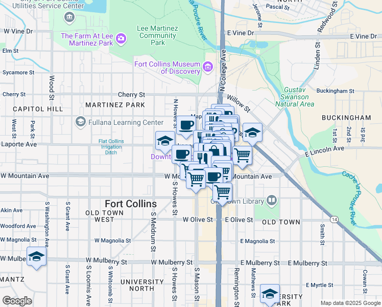 map of restaurants, bars, coffee shops, grocery stores, and more near 201 Laporte Avenue in Fort Collins