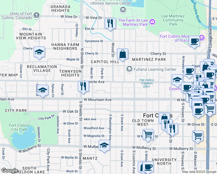 map of restaurants, bars, coffee shops, grocery stores, and more near 131 North Washington Avenue in Fort Collins