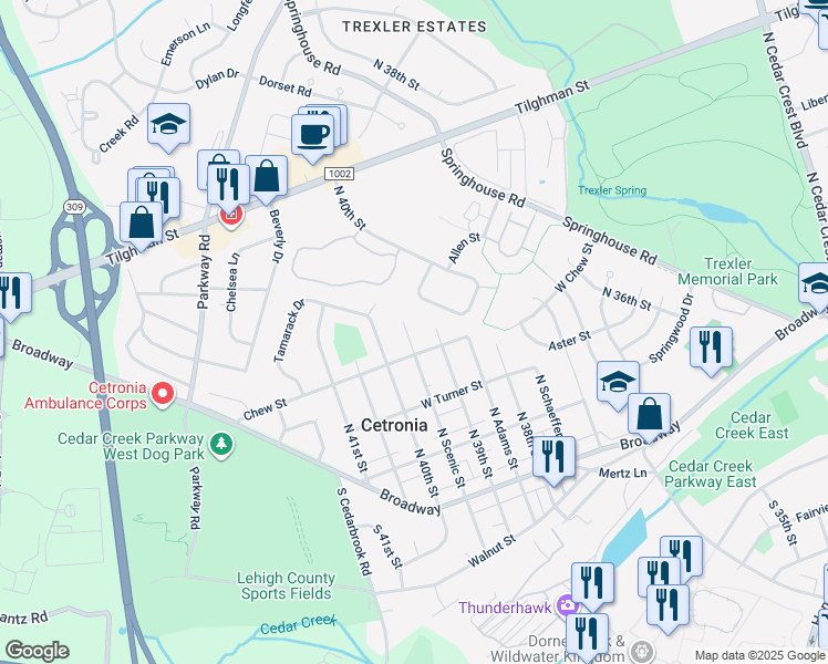 map of restaurants, bars, coffee shops, grocery stores, and more near 315 North Scenic Street in Allentown