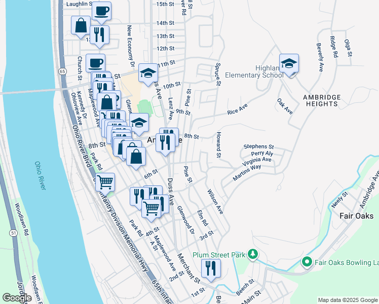 map of restaurants, bars, coffee shops, grocery stores, and more near 622 Pine Street in Ambridge