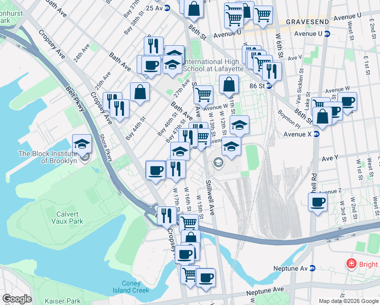 map of restaurants, bars, coffee shops, grocery stores, and more near 2440 Stillwell Avenue in Brooklyn
