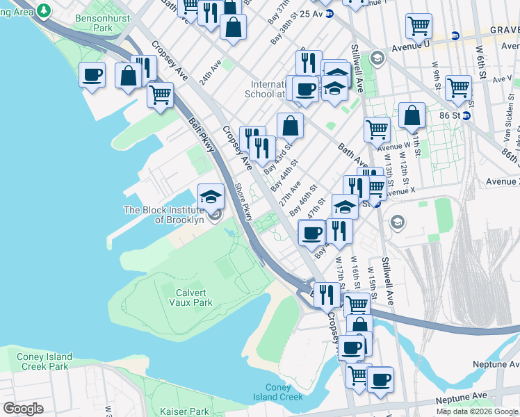 map of restaurants, bars, coffee shops, grocery stores, and more near 2650 Cropsey Avenue in Brooklyn