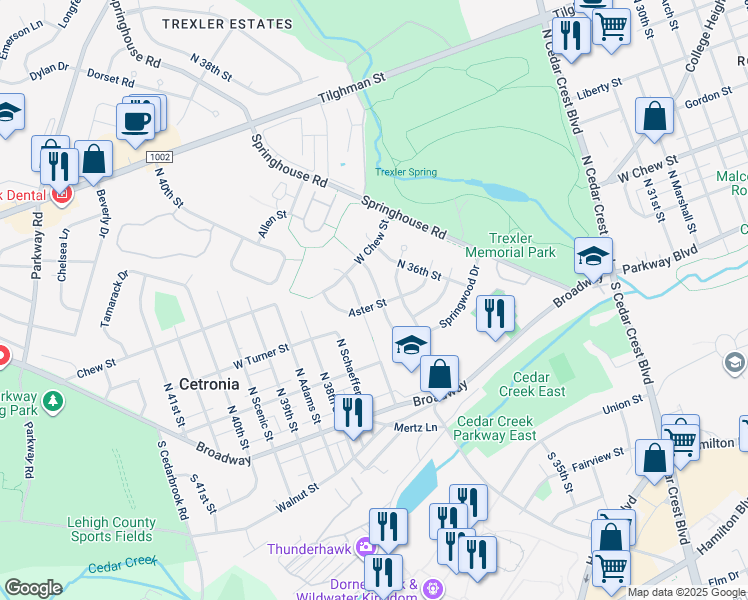 map of restaurants, bars, coffee shops, grocery stores, and more near 206 Spring Wood Drive in Allentown