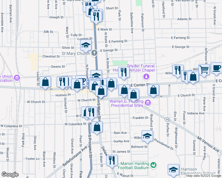 map of restaurants, bars, coffee shops, grocery stores, and more near 169 East Center Street in Marion