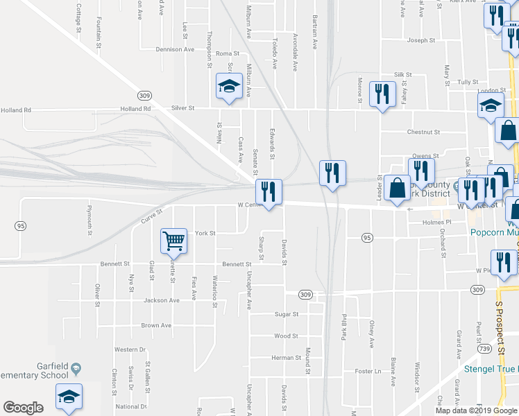 map of restaurants, bars, coffee shops, grocery stores, and more near 707 West Center Street in Marion