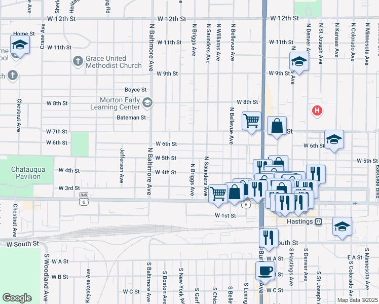 map of restaurants, bars, coffee shops, grocery stores, and more near 507 North Briggs Avenue in Hastings