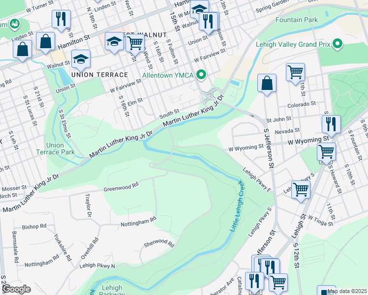 map of restaurants, bars, coffee shops, grocery stores, and more near 1613 Lehigh Parkway East in Allentown