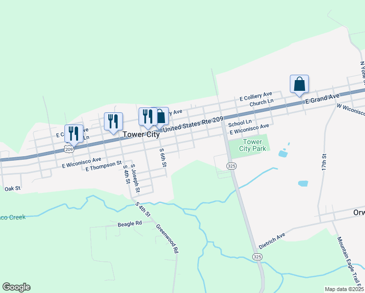 map of restaurants, bars, coffee shops, grocery stores, and more near 704 East Wiconisco Avenue in Tower City