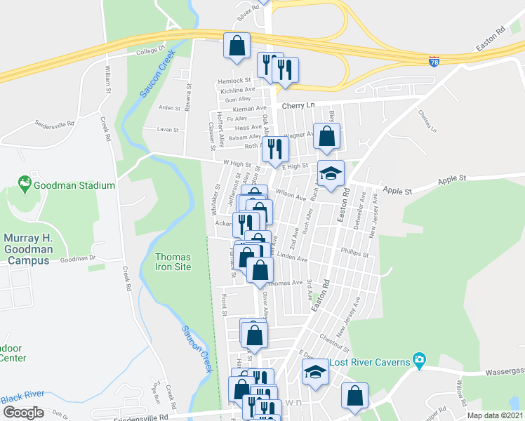 map of restaurants, bars, coffee shops, grocery stores, and more near 1339 Main Street in Hellertown