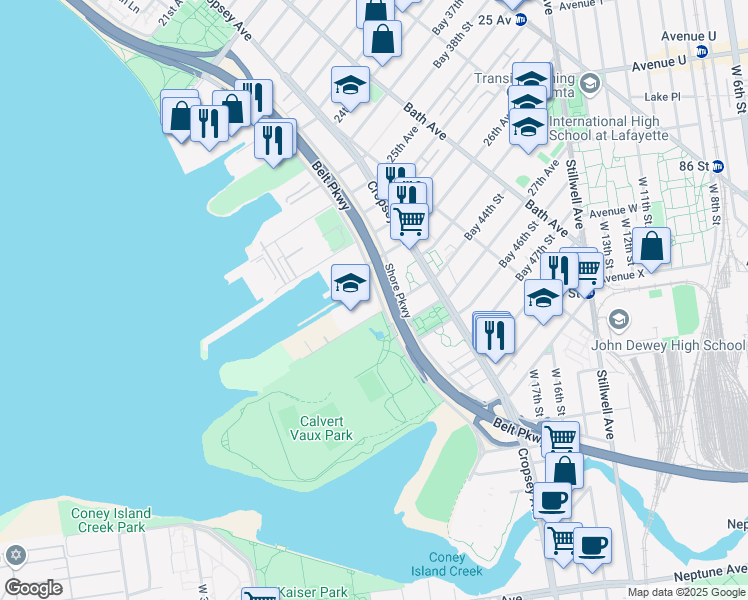 map of restaurants, bars, coffee shops, grocery stores, and more near 1934 Shore Parkway in Brooklyn