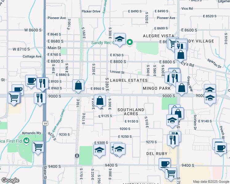 map of restaurants, bars, coffee shops, grocery stores, and more near 341 East 9000 South in Sandy