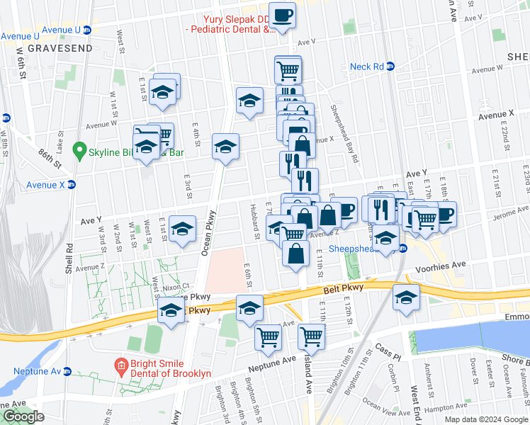 map of restaurants, bars, coffee shops, grocery stores, and more near 2514 East 7th Street in Brooklyn