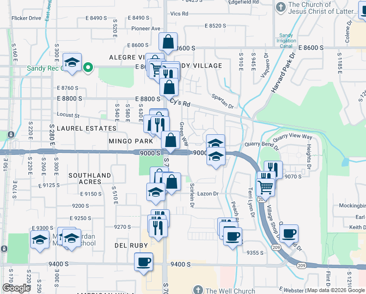 map of restaurants, bars, coffee shops, grocery stores, and more near 1 Green Way in Sandy