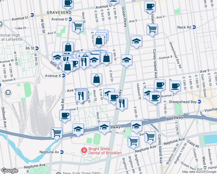 map of restaurants, bars, coffee shops, grocery stores, and more near 2502 East 2nd Street in Brooklyn