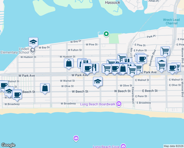 map of restaurants, bars, coffee shops, grocery stores, and more near 407 Magnolia Boulevard in Long Beach