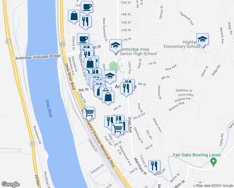 map of restaurants, bars, coffee shops, grocery stores, and more near 648 Glenwood Ave in Ambridge