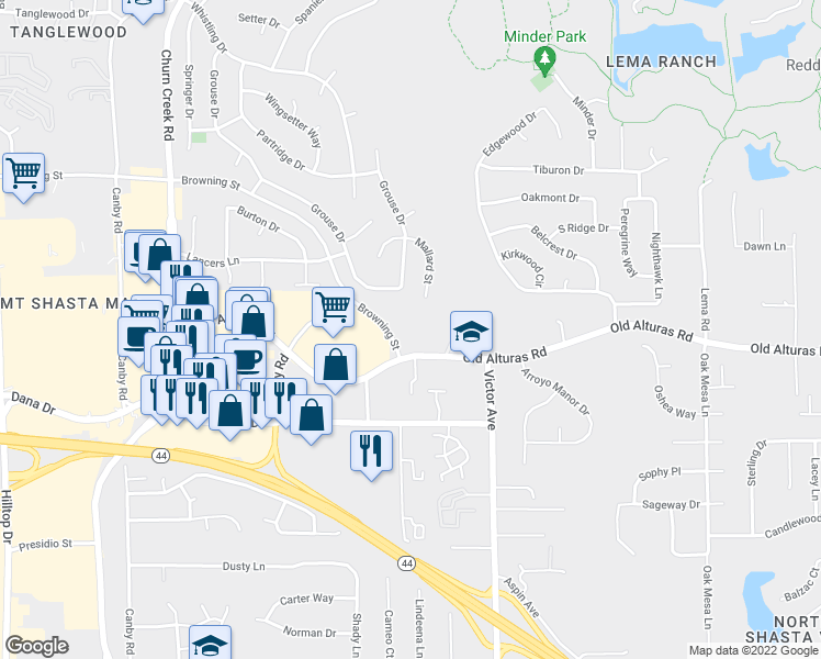map of restaurants, bars, coffee shops, grocery stores, and more near 1347 Browning Street in Redding