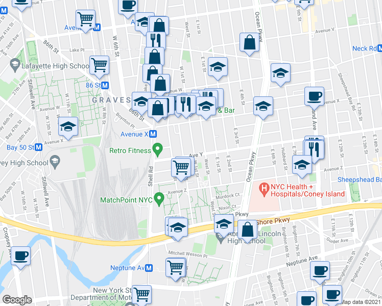 map of restaurants, bars, coffee shops, grocery stores, and more near 2482 West 1st Street in Brooklyn