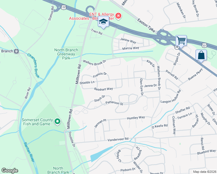 map of restaurants, bars, coffee shops, grocery stores, and more near 41 Reinhart Way in Bridgewater Township