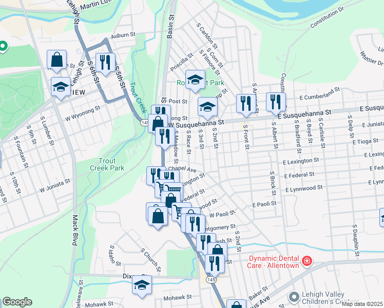 map of restaurants, bars, coffee shops, grocery stores, and more near 1317 South Race Street in Allentown