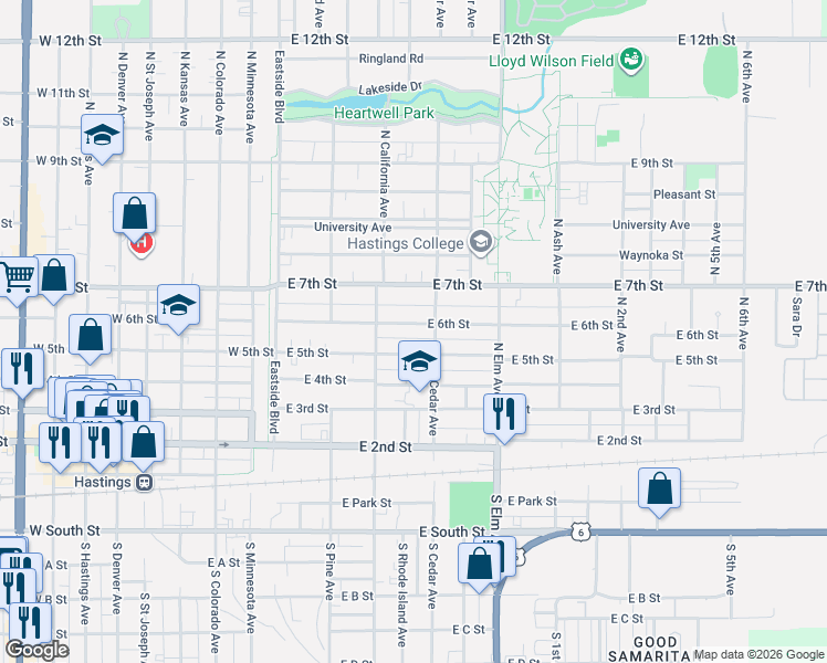 map of restaurants, bars, coffee shops, grocery stores, and more near 418 East 6th Street in Hastings
