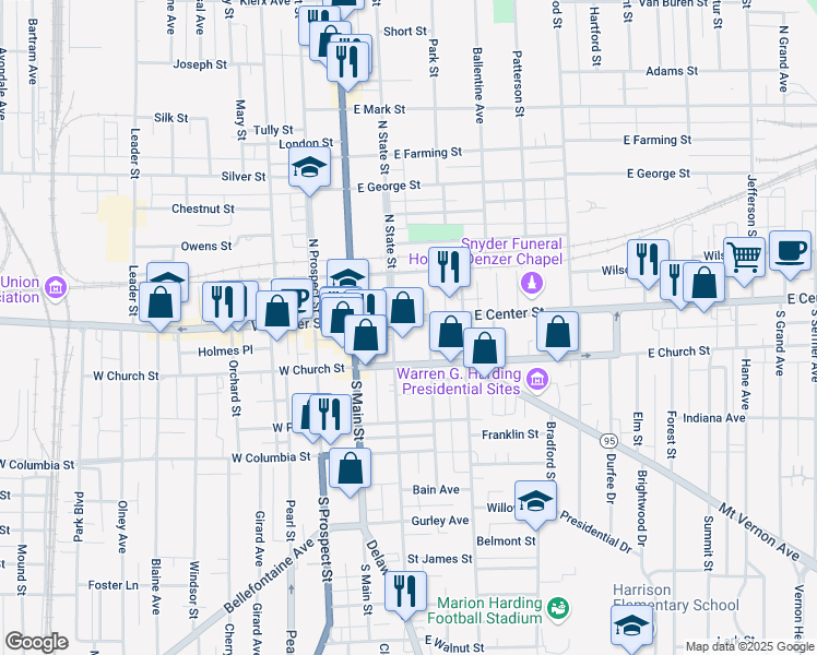 map of restaurants, bars, coffee shops, grocery stores, and more near 169 E Center St in Marion