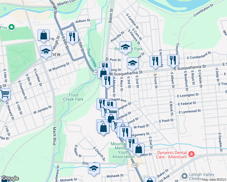 map of restaurants, bars, coffee shops, grocery stores, and more near 1320 South Meadow Street in Allentown