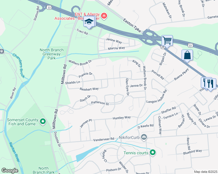 map of restaurants, bars, coffee shops, grocery stores, and more near 58 Reinhart Way in Bridgewater Township
